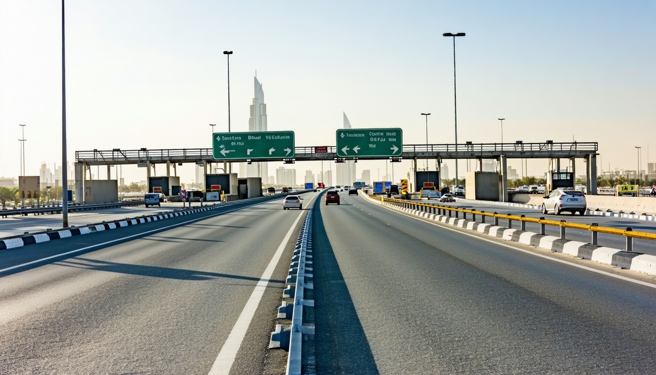 Modern Dubai highway with toll gate and smooth traffic
