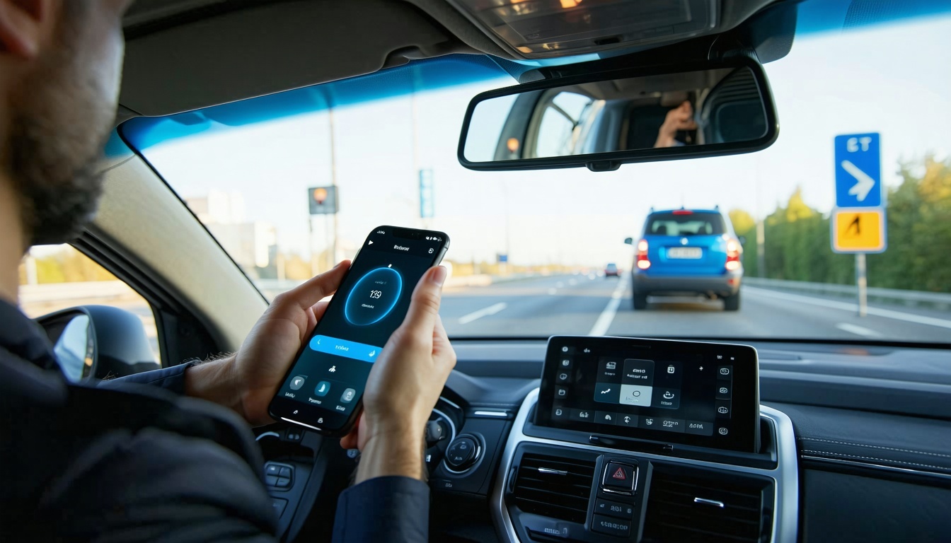 Driver using a digital toll payment app in a car