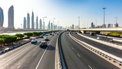 Modern Dubai toll way with smooth traffic and advanced infrastructure Modern Dubai toll way with smooth traffic and advanced infrastructure